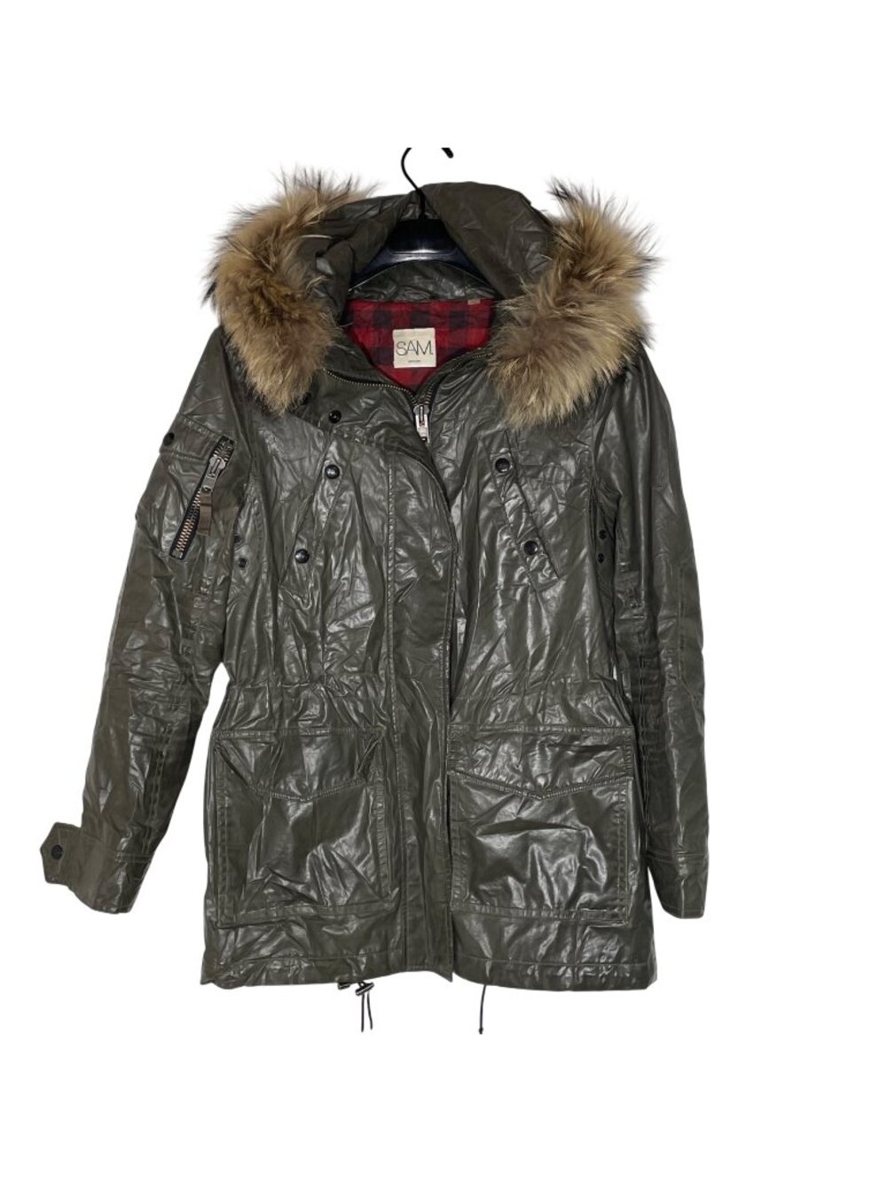 SAM Cabin Parka Raccoon Fur Hood Buffalo Plaid Lined Military Coat Sz SM (APPROX